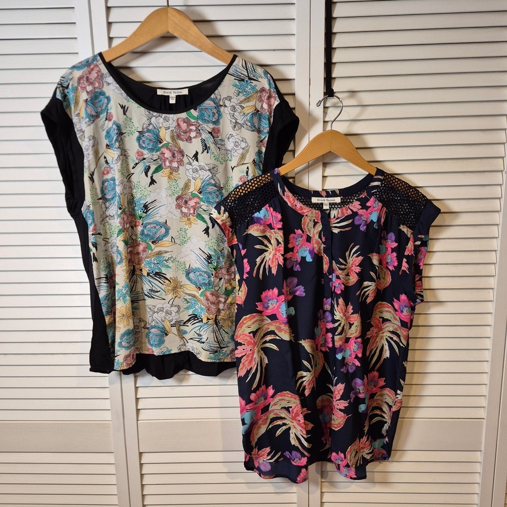 Black Rainn Women's L Floral Blouse Lot of 2 Boho Tops Short Sleeve Mesh Casual - Picture 3 of 16